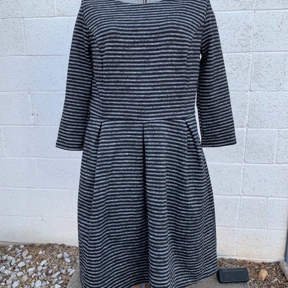 Merona Black White Striped Fit & Flare Dress L 3/4 Sleeve Stretch Pockets